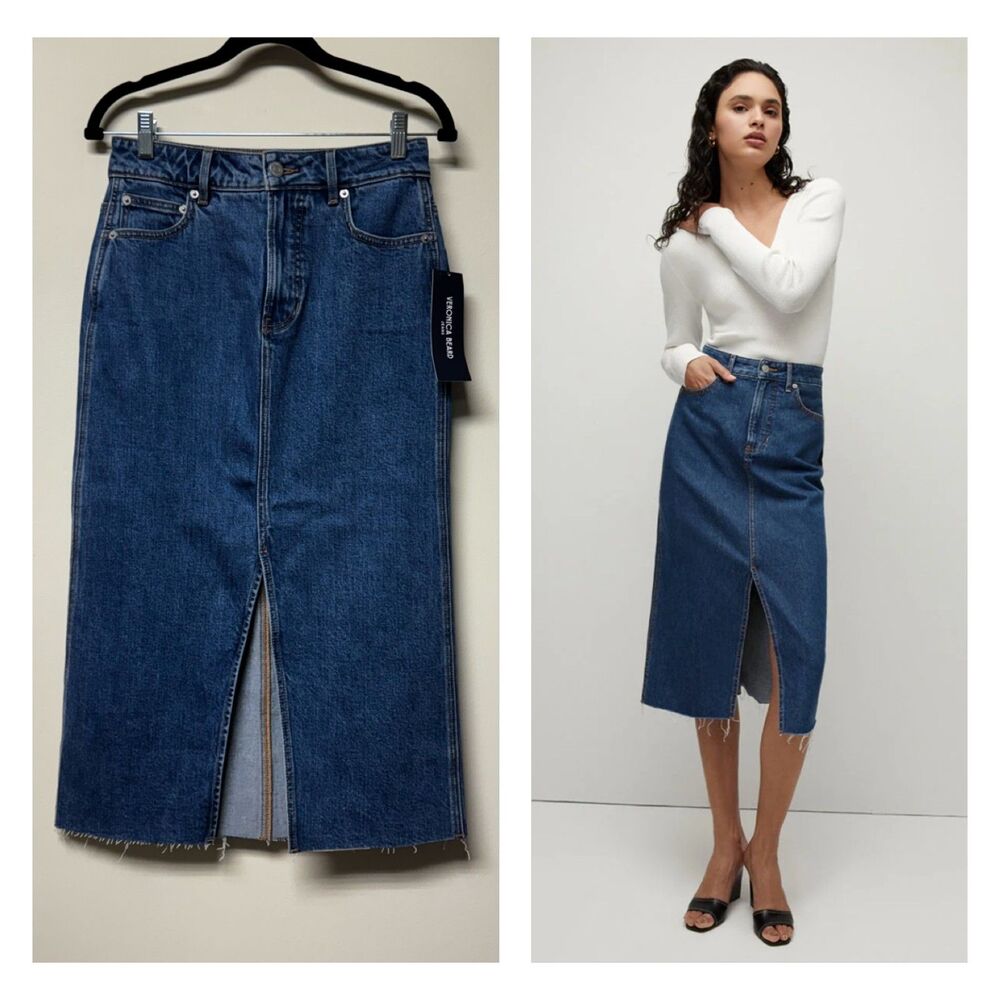 NWT - VERONICA BEARD Victoria Long Midi Skirt Raw Edges Stoned Bright Blue, Sz 4